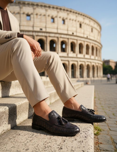 Mocassino da uomo testa di moro intrecciato a mano in cuoio