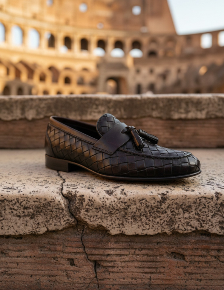 Mocassino da uomo testa di moro intrecciato a mano in cuoio