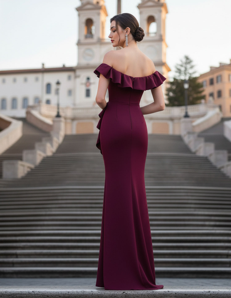 Retro Abito da Sera Lungo Prugna con Spalle Scoperte e Volant