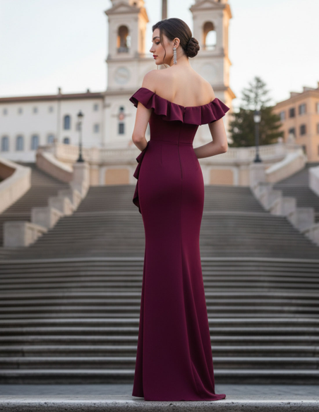 Retro Abito da Sera Lungo Prugna con Spalle Scoperte e Volant