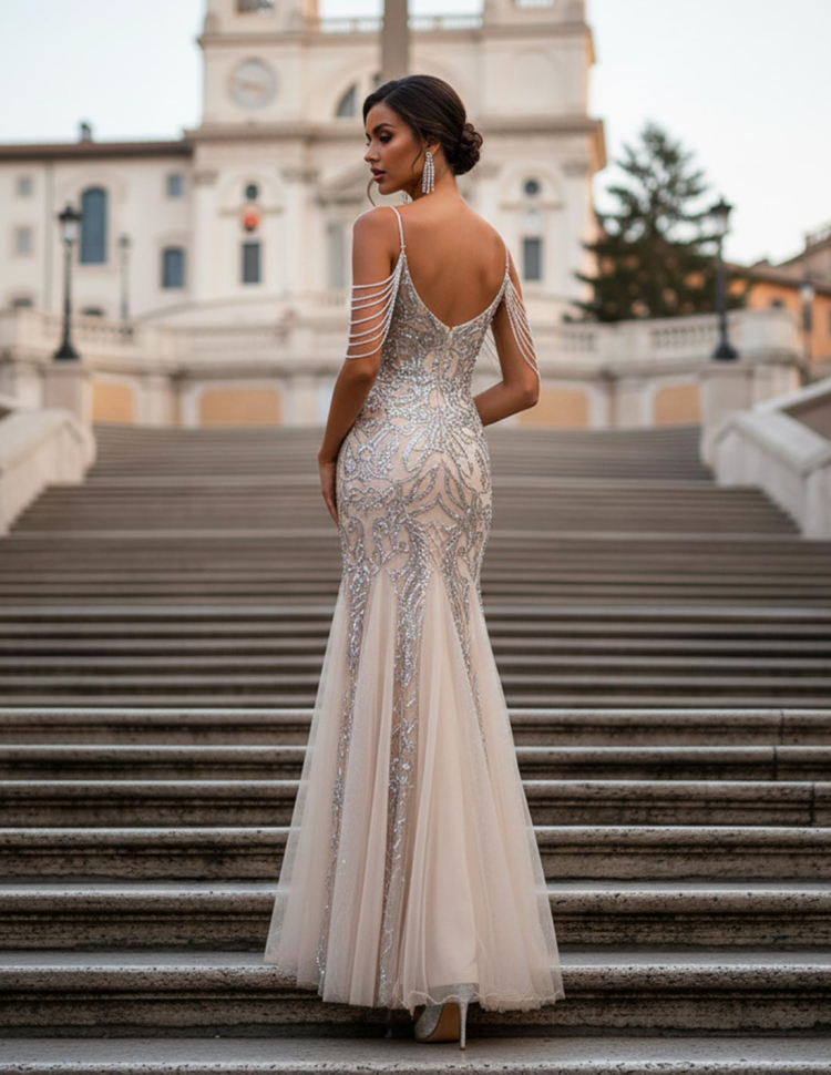 Retro Abito da Sera Argento Lungo a Sirena con Ricami Scintillanti paillettato