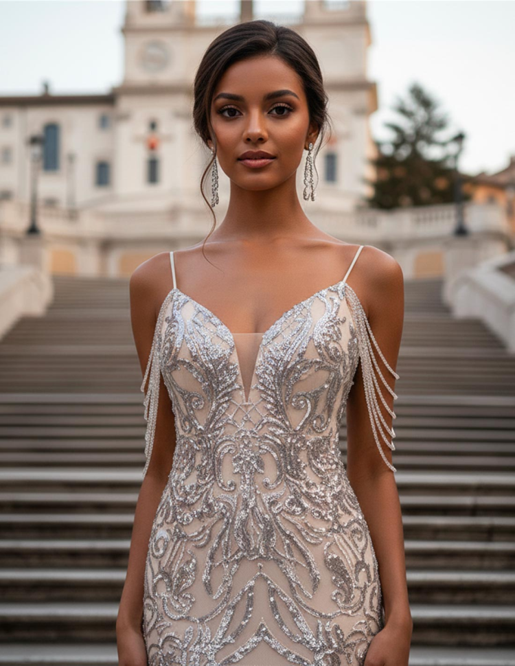 Dettaglio Abito da Sera Argento Lungo a Sirena con Ricami Scintillanti paillettato