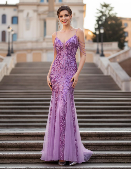 Abito da Sera Lungo Lilla a Sirena con Ricami Scintillanti paillettato