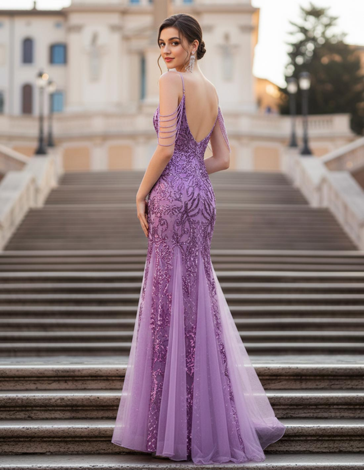 Retro Abito da Sera Lungo Lilla a Sirena con Ricami Scintillanti paillettato