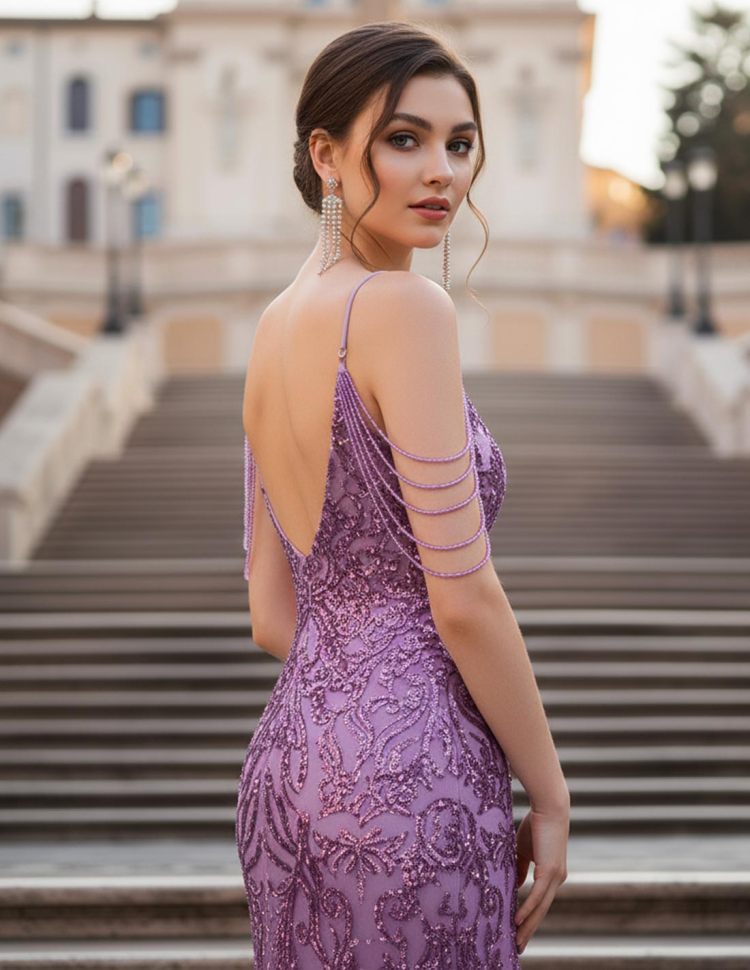 Dettaglio Abito da Sera Lungo Lilla a Sirena con Ricami Scintillanti paillettato