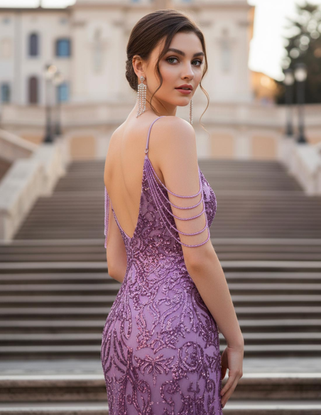 Dettaglio Abito da Sera Lungo Lilla a Sirena con Ricami Scintillanti paillettato