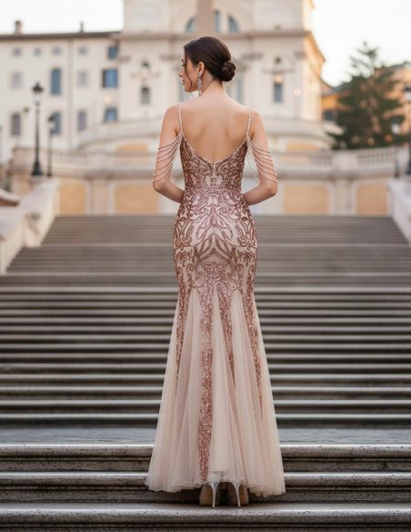 Retro Abito da Sera Lungo Oro Rosa a Sirena con Ricami Scintillanti paillettato