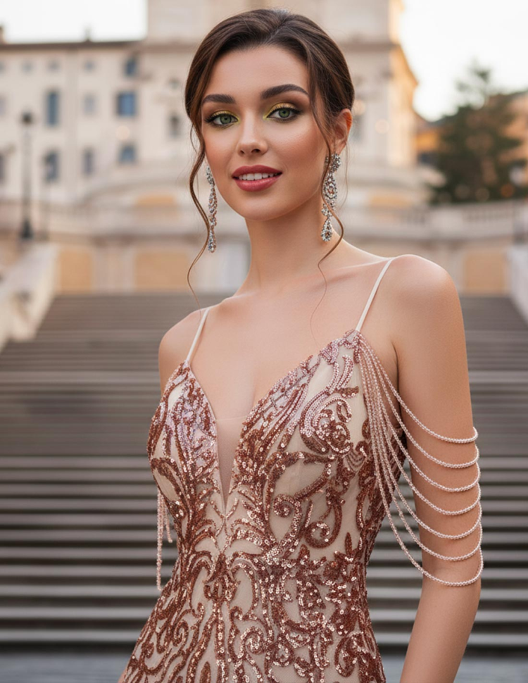 Dettaglio Abito da Sera Lungo Oro Rosa a Sirena con Ricami Scintillanti paillettato