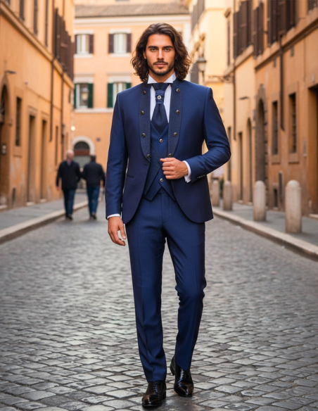 Abito da Sposo Blu Coreano con Rever Glitter