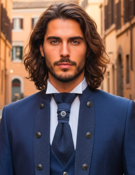 Dettaglio Abito da Sposo Blu Coreano con Rever Glitter