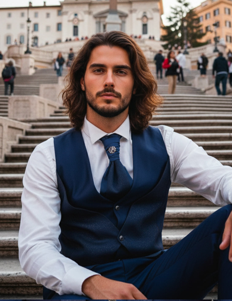 Gilet Abito da Sposo Blu Coreano con Rever Glitter