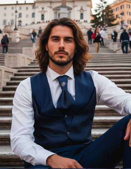 Gilet Abito da Sposo Blu Coreano con Rever Glitter