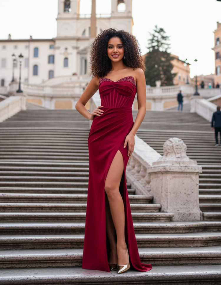 Abito rosso borgogna a corpetto con spacco e stecche a vista Abito rosso borgogna a corpetto con spacco e stecche a vista