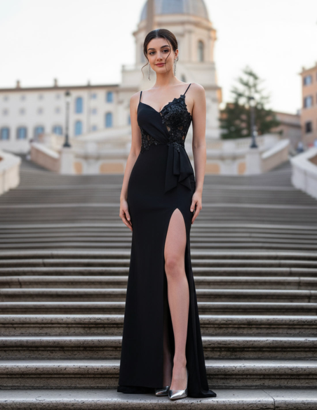 Abito da Sera a Sirena nero con Corpetto in pizzo luminoso