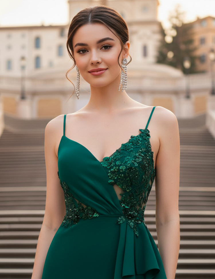 Dettaglio Abito da Sera a Sirena verde con Corpetto in pizzo luminoso