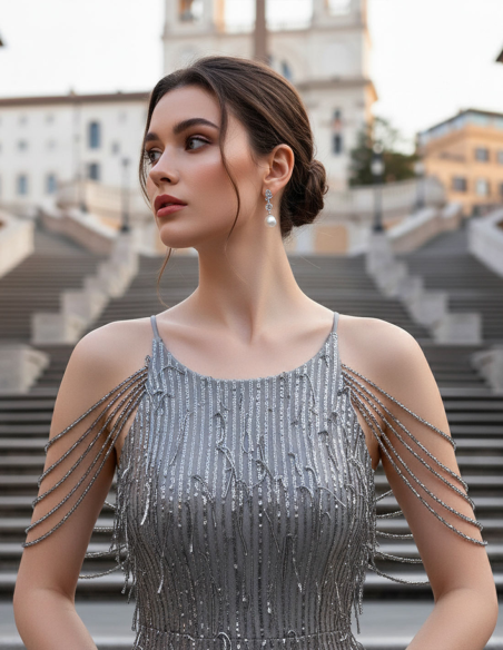 Dettaglio Abito Lungo Argento Metallizzato a Frange