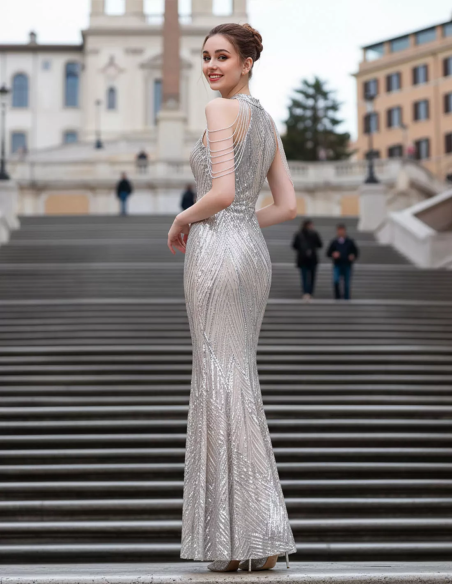 retro vestito paillettato argento a sirena