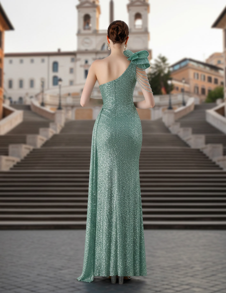 Retro Abito Monospalla Paillettato con Fiore Removibile