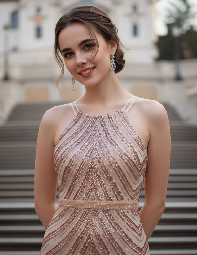 Dettaglio Abito da Sera con Paillettes oro rosa a Sirena con gonna Rimovibile