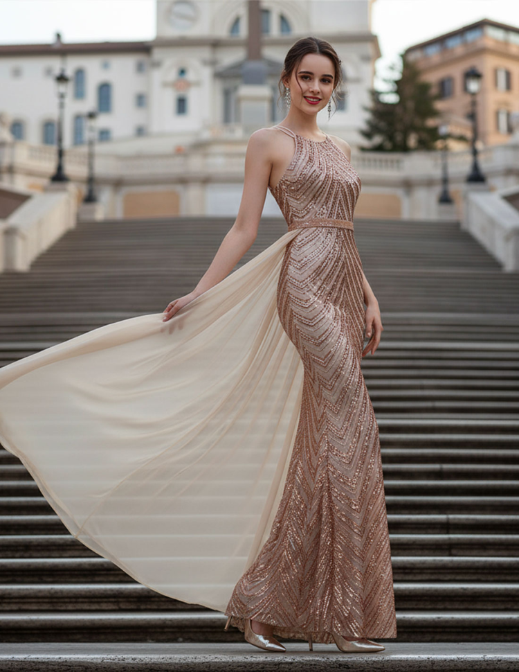 Abito da Sera con Paillettes oro rosa a Sirena con gonna Rimovibile