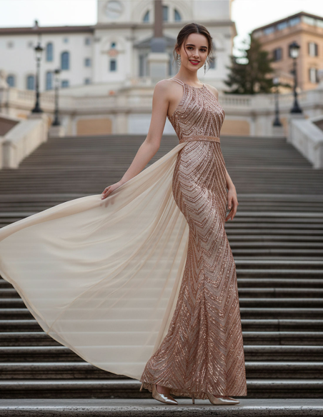 Abito da Sera con Paillettes oro rosa a Sirena con gonna Rimovibile