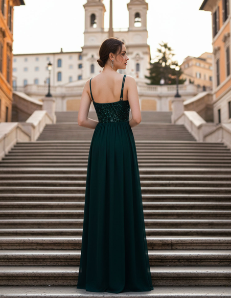 Retro Abito da Sera con Paillettes verde a Sirena con gonna Rimovibile