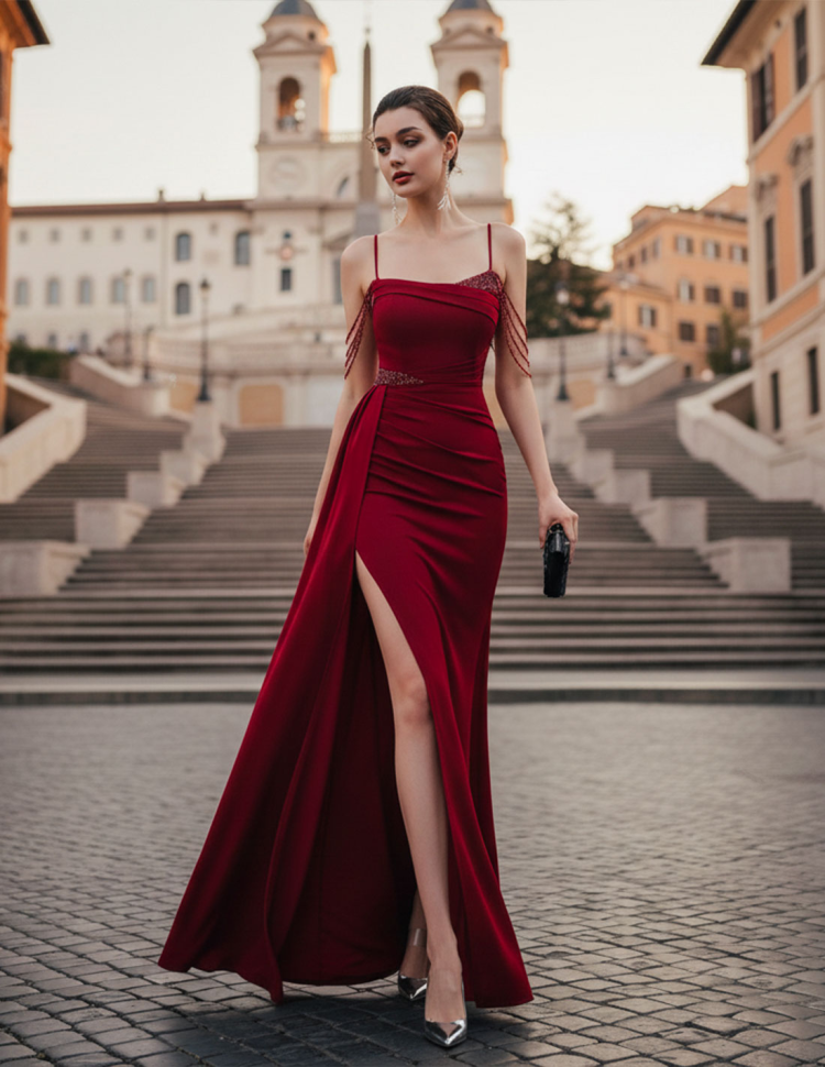 Abito da Sera Borgogna a Sirena con Spacco e Cristalli