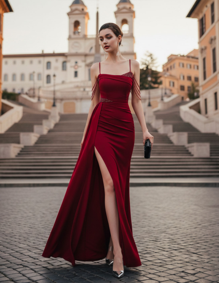 Abito da Sera Borgogna a Sirena con Spacco e Cristalli