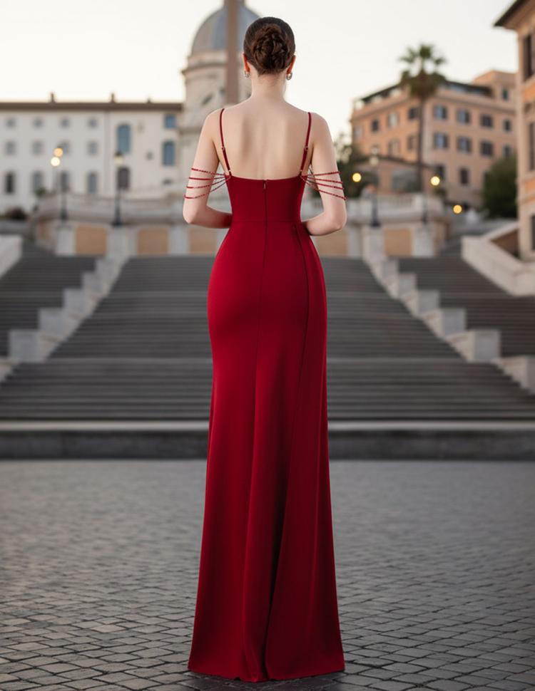 Retro Abito da Sera Borgogna a Sirena con Spacco e Cristalli