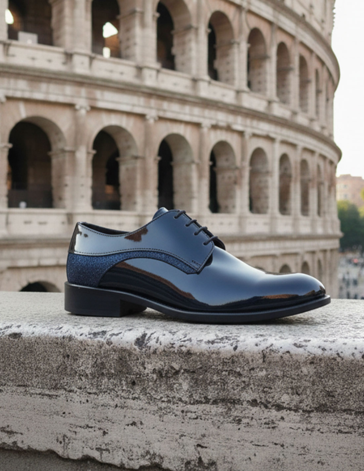 Scarpe uomo blu notte lucide con dettagli glitter