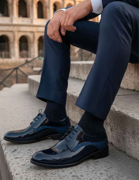 Scarpe uomo blu notte lucide con dettagli glitter
