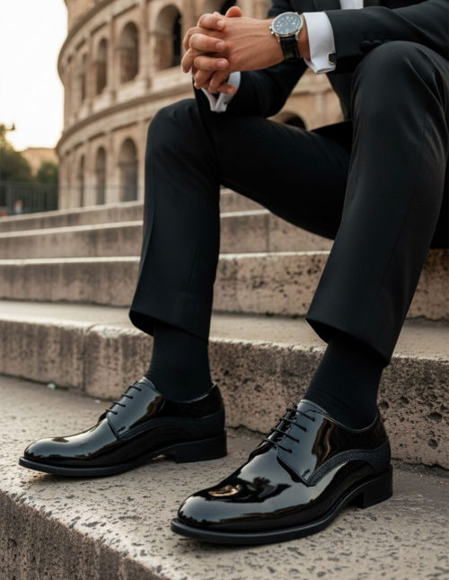 Scarpe uomo nere lucide con dettagli glitter