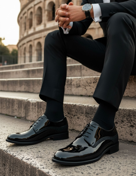 Scarpe uomo nere lucide con dettagli glitter