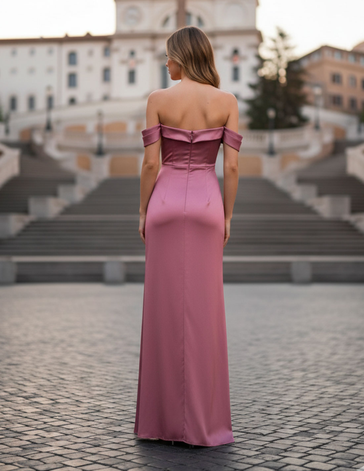 Retro Abito da Sera Rosa Malva Lungo in Satin con Spalle Scoperte e Spacco