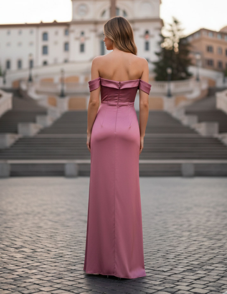 Retro Abito da Sera Rosa Malva Lungo in Satin con Spalle Scoperte e Spacco