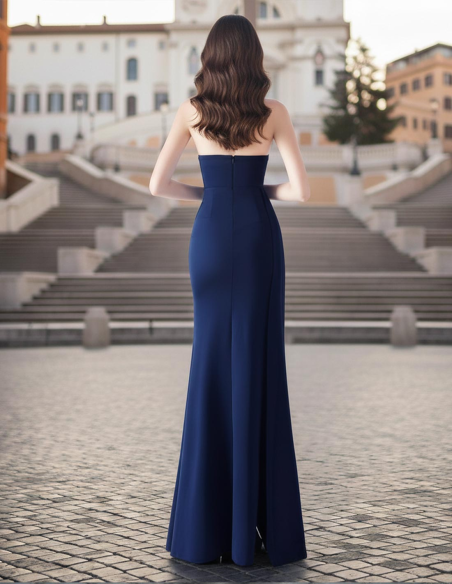 Retro Abiti da Cerimonia blu con Corpetto steccato e Spacco