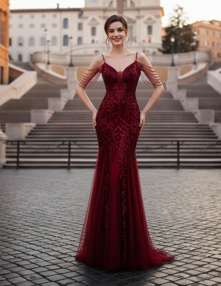 Abito da Sera rosso scuro Lungo a Sirena con Ricami Scintillanti paillettato