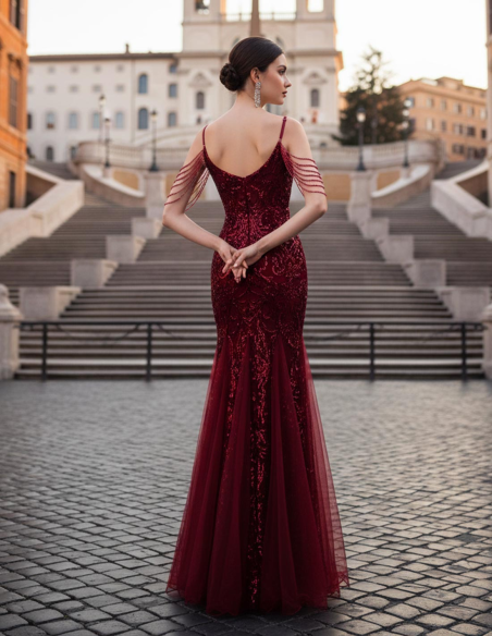 Retro Abito da Sera rosso scuro Lungo a Sirena con Ricami Scintillanti paillettato