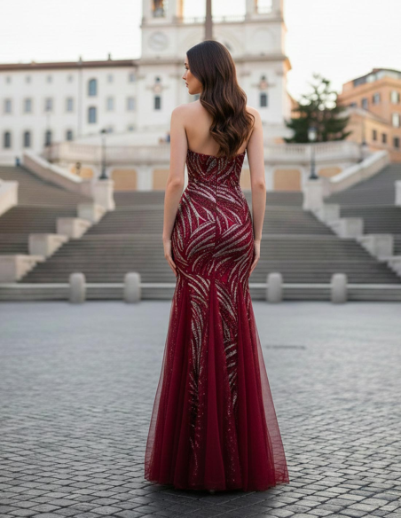 Retro Abito da Sera a Sirena Rosso con Scollo a Cuore e Motivi Geometrici Brillanti