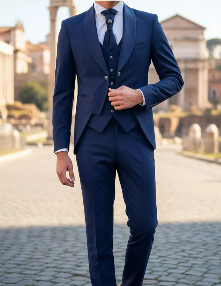 Abito da Cerimonia Uomo Blu Tre Pezzi con Rever a Scialle Abito da Cerimonia Uomo Blu Tre Pezzi con Rever a Scialle