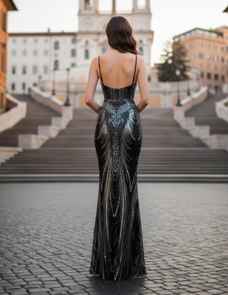 Retro Abito da Cerimonia Nero con Paillettes Argento Luccicanti e Stecche a Vista