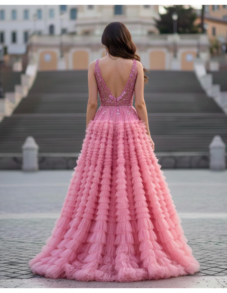 Retro Abito da Cerimonia principesco con gonna a balze in tulle e corpetto in pizzo rosa confetto