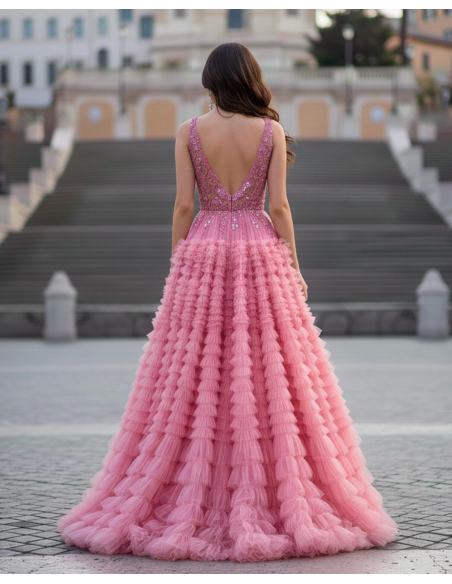 Retro Abito da Cerimonia principesco con gonna a balze in tulle e corpetto in pizzo rosa confetto