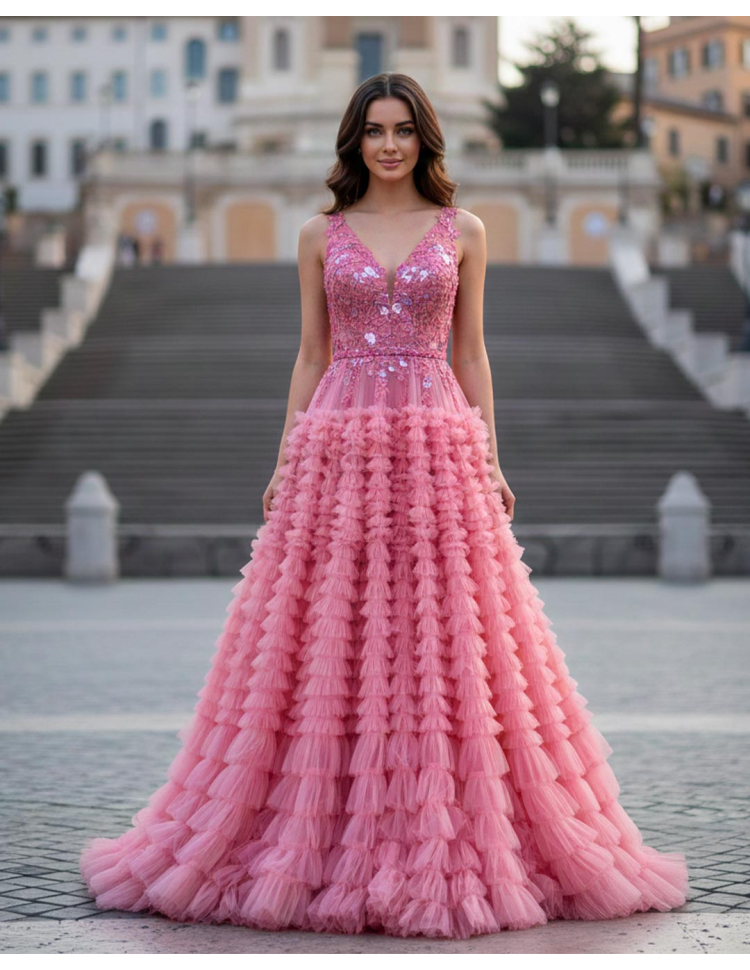 Abito da Cerimonia principesco con gonna a balze in tulle e corpetto in pizzo rosa confetto
