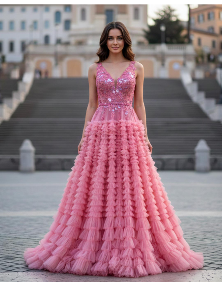 Abito da Cerimonia principesco con gonna a balze in tulle e corpetto in pizzo rosa confetto