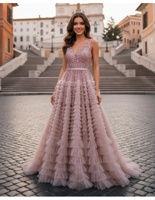 Abito da Cerimonia principesco con gonna a balze in tulle e corpetto in pizzo rosa antico
