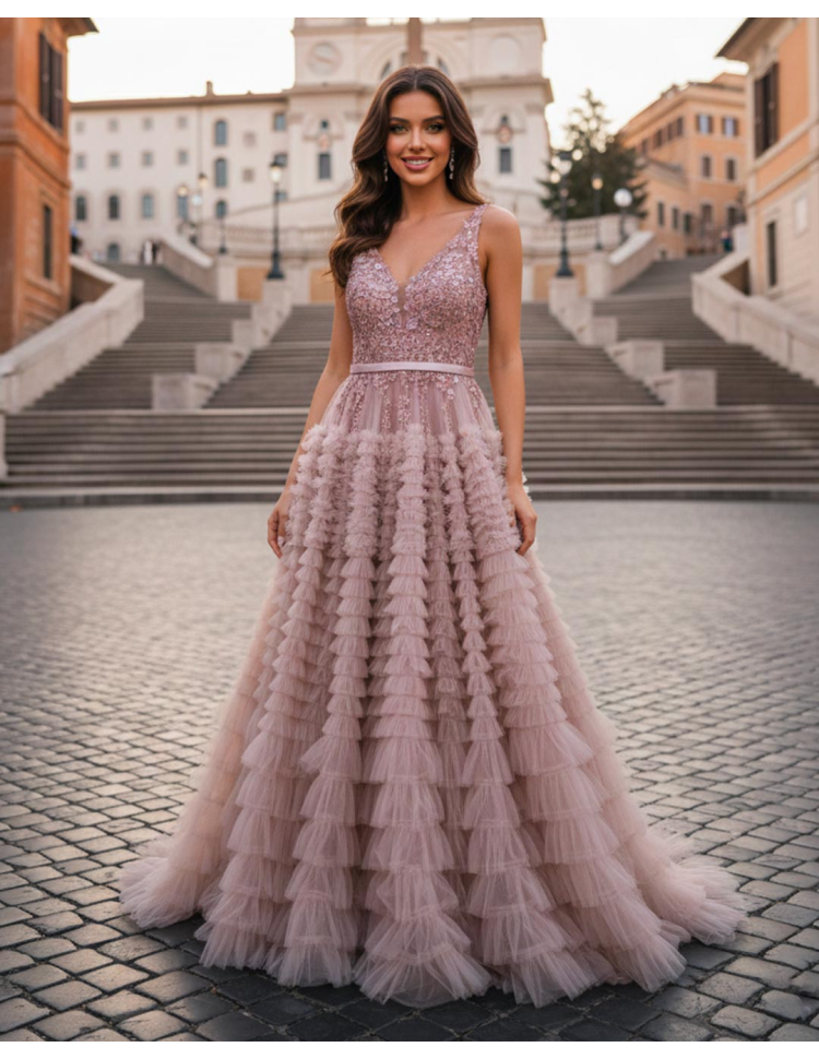 Abito da Cerimonia principesco con gonna a balze in tulle e corpetto in pizzo rosa antico