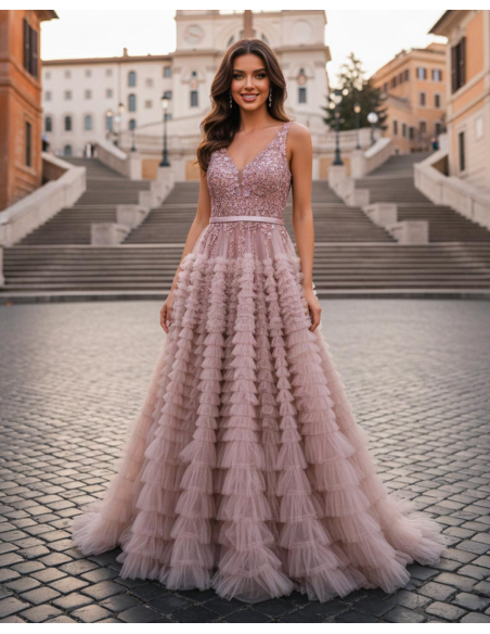 Abito da Cerimonia principesco con gonna a balze in tulle e corpetto in pizzo rosa antico
