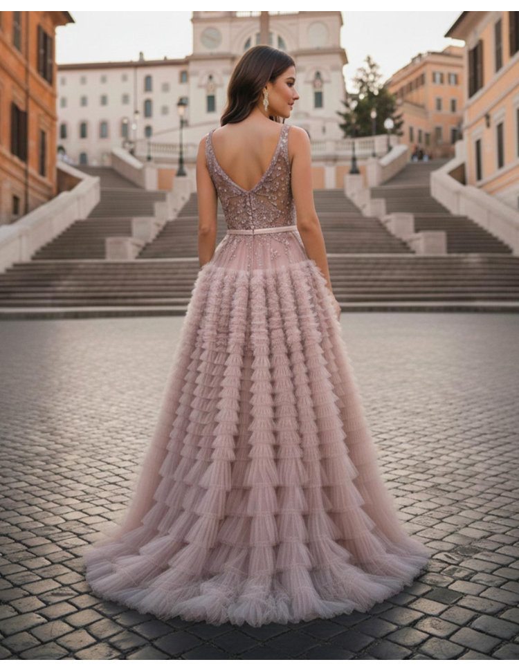 Retro Abito da Cerimonia principesco con gonna a balze in tulle e corpetto in pizzo rosa antico