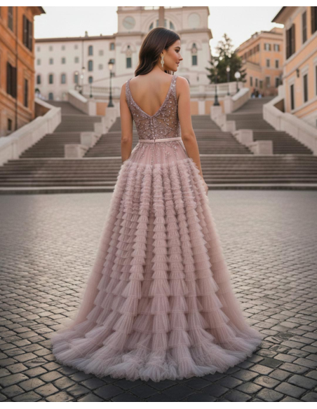 Retro Abito da Cerimonia principesco con gonna a balze in tulle e corpetto in pizzo rosa antico